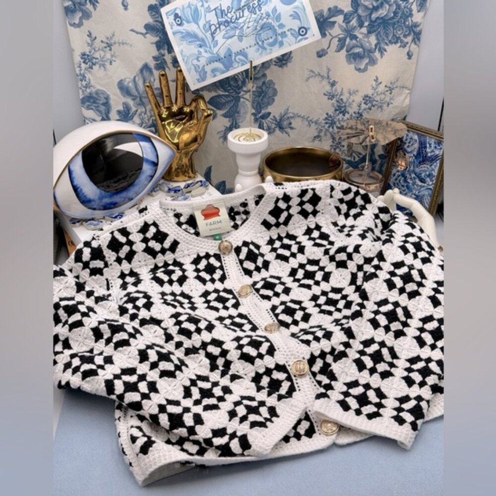 🆕 FARM Rio 🧿 NWT Patch Crochet Black & White Monochrome Button Up Jacket, Sz M - Picture 2 of 15